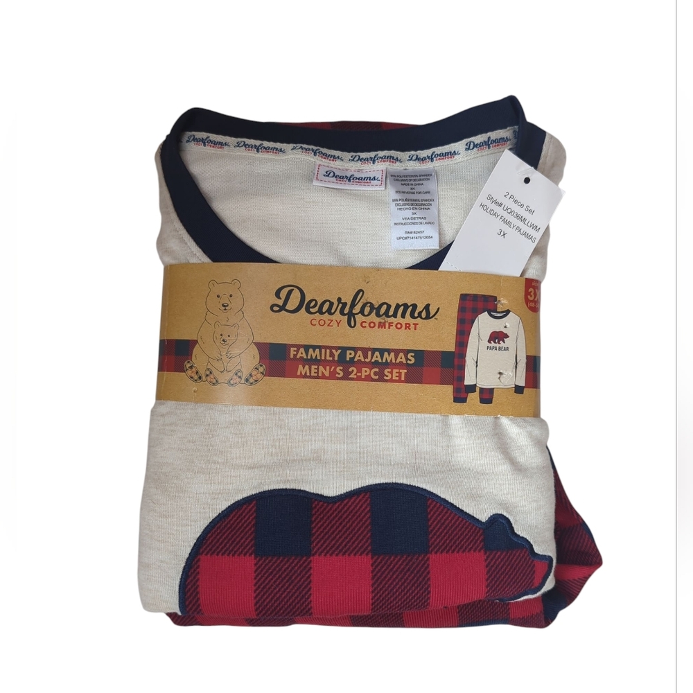 NWT Dearfoams Papa Bear Two Piece Holiday Pajamas 3X Oatmeal Heather Red